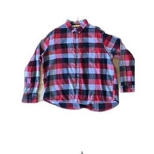 Eddie Bauer Size XXL Buffalo Plaid Red Black Gray Flannel Shirt Front Pocket EUC